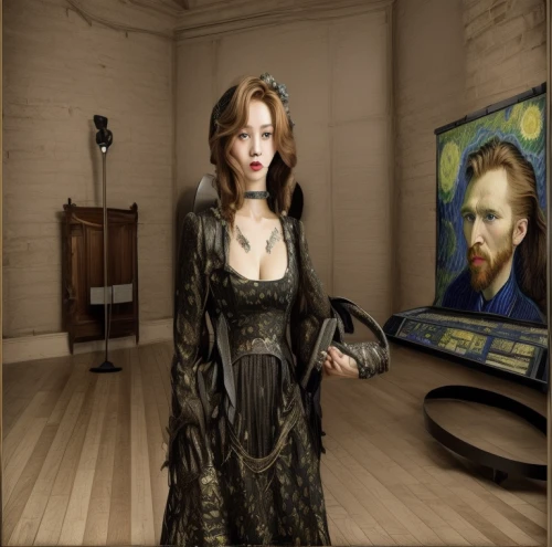 gothic portrait,victorian lady,painted lady,artist portrait,art gallery,mona lisa,custom portrait,art dealer,victorian style,girl in a long dress,art model,photo painting,the mona lisa,romantic portrait,fantasy portrait,art museum,american painted lady,artistic portrait,gothic dress,self-portrait