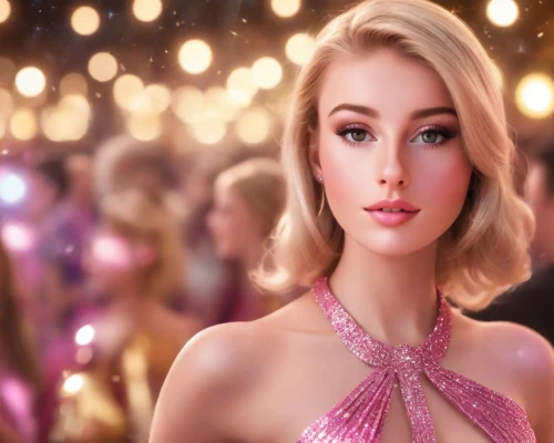 barbie doll,barbie,doll's facial features,pink lady,pink ribbon,pink beauty,pink glitter,blonde girl with christmas gift,background bokeh,christmas banner,pink bow,realdoll,bokeh effect,visual effect lighting,glittering,agent provocateur,christmas trailer,aphrodite,clove pink,pearl necklace,Photography,Commercial