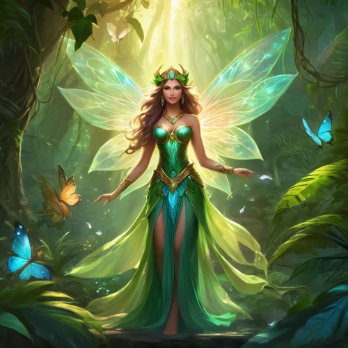 dryad,faerie,faery,fairy queen,the enchantress,fairy forest,rosa 'the fairy,elven forest,druid,sorceress,garden fairy,fairy peacock,fae,mermaid background,fairy,vanessa (butterfly),aurora butterfly,fairy world,emerald,fantasy art,Illustration,Realistic Fantasy,Realistic Fantasy 01