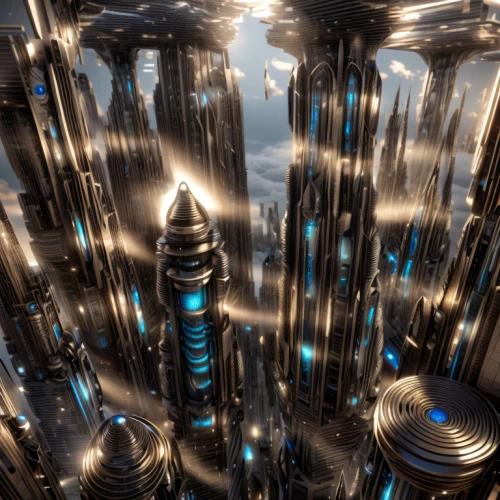 mandelbulb,fractal lights,futuristic landscape,fractal environment,spheres,metropolis,sky space concept,solar cell base,steelwool,organ pipes,fractalius,spikes,industrial tubes,alien world,tubes,airships,steel tower,scifi,shard of glass,turrets