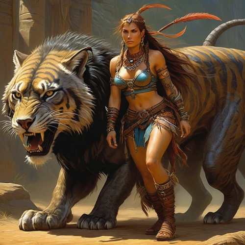 she feeds the lion,female warrior,female lion,fantasy art,lionesses,heroic fantasy,lioness,fantasy picture,warrior woman,panthera leo,cat warrior,fantasy warrior,fantasy woman,fantasy portrait,big cats,lion - feline,leopard's bane,two lion,druid,armored animal,Illustration,Realistic Fantasy,Realistic Fantasy 03