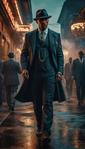 kingpin,al capone,black businessman,mafia,a black man on a suit,film noir,detective,man with umbrella,smooth criminal,blues and jazz singer,luther,walking man,overcoat,mobster,gentleman icons,fedora,man's fashion,casablanca,suit actor,gunfighter,Photography,General,Fantasy