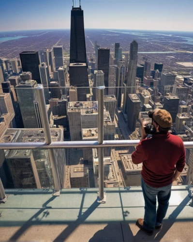 willis tower,the observation deck,sears tower,observation deck,skyscapers,34 meters high,from the top,view from the top,skycraper,above the city,vertigo,viewpoint,first person,observation tower,up high,at the top,base jumping,chicago,bird's eye view,panoramic views,Illustration,Black and White,Black and White 28