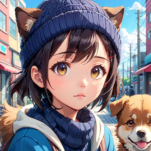 cute fox,akita inu,adorable fox,child fox,shiba inu,shiba,heterochromia,knit hat,fox,hinata,winter hat,girl with dog,girl wearing hat,nico,winter clothing,akita,winter clothes,portrait background,beanie,husky,Anime,Anime,Realistic