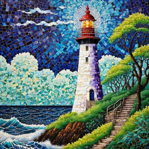 lighthouse,light house,crisp point lighthouse,point lighthouse torch,red lighthouse,light station,electric lighthouse,maine,kennebunkport,battery point lighthouse,petit minou lighthouse,mosaic glass,painting technique,pointillism,church painting,portland head light,coastal landscape,duluth,tapestry,jigsaw puzzle,Illustration,Japanese style,Japanese Style 04