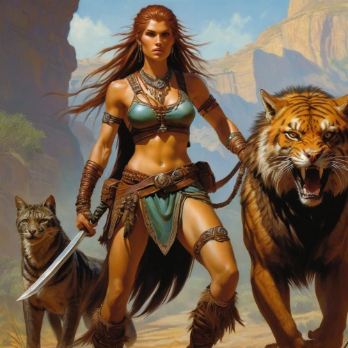 female warrior,warrior woman,heroic fantasy,female lion,lionesses,she feeds the lion,lioness,guards of the canyon,celtic queen,huntress,cat warrior,massively multiplayer online role-playing game,fantasy art,fantasy warrior,fantasy woman,druid,barbarian,callisto,panthera leo,fantasy picture,Illustration,Realistic Fantasy,Realistic Fantasy 03