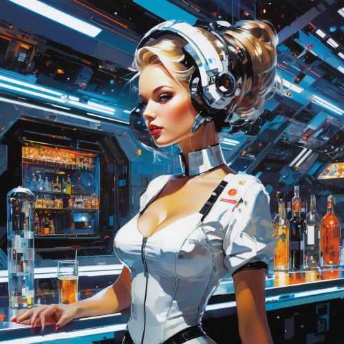 barmaid,bartender,sci fiction illustration,telephone operator,cigarette girl,stewardess,science fiction,flight attendant,cybernetics,science-fiction,atomic age,sci fi,retro women,retro woman,streampunk,wearables,audiophile,switchboard operator,retro diner,scifi,Conceptual Art,Oil color,Oil Color 07