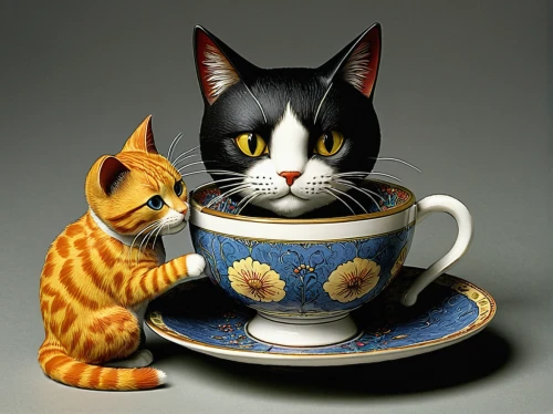 cat coffee,cat drinking tea,tea party cat,teatime,whimsical animals,cups of coffee,cat's cafe,cat lovers,vintage cats,cup and saucer,coffee mugs,french coffee,tea time,teacup,chinaware,felines,coffee break,hot drink,coffee cups,coffee with milk,Illustration,American Style,American Style 01