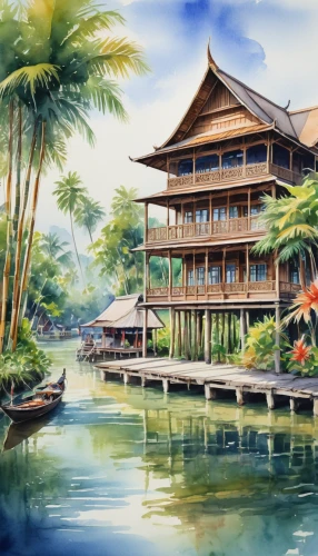 asian architecture,tropical house,house by the water,stilt houses,floating market,stilt house,fishing village,floating restaurant,oriental painting,landscape background,japanese architecture,world digital painting,dragon boat,southeast asia,seaside resort,floating huts,tropical island,house with lake,resort,sanya,Illustration,Paper based,Paper Based 25