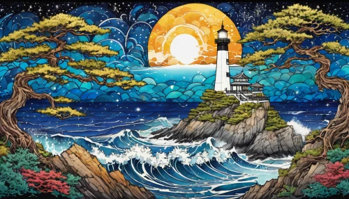 lighthouse,electric lighthouse,light house,sea fantasy,tapestry,petit minou lighthouse,an island far away landscape,fairy chimney,sea landscape,point lighthouse torch,fantasy picture,red lighthouse,fantasy art,background image,the endless sea,mermaid background,monkey island,open sea,motif,delight island,Illustration,Vector,Vector 16