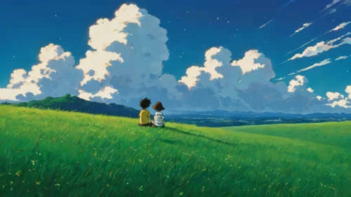 studio ghibli,my neighbor totoro,dandelion field,landscape background,dream world,meadow landscape,in the tall grass,dandelion meadow,summer meadow,meadow,summer sky,blooming field,atmosphere,yellow grass,dreamland,meadow play,high landscape,idyll,background image,clover meadow,Illustration,Japanese style,Japanese Style 14