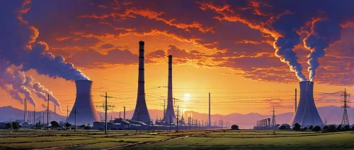 industrial landscape,post-apocalyptic landscape,refinery,oil industry,futuristic landscape,lignite power plant,thermal power plant,power towers,petrochemical,coal fired power plant,petrochemicals,chemical plant,the pollution,nuclear power plant,environmental destruction,energy transition,cooling towers,electrical grid,industry,environmental pollution,Conceptual Art,Sci-Fi,Sci-Fi 19