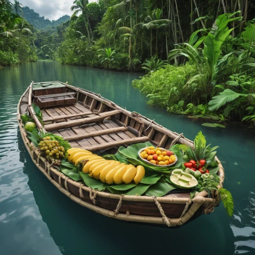 pineapple boat,boat landscape,wooden boat,fishing float,long-tail boat,dugout canoe,picnic boat,floating market,canoes,thai cuisine,water transportation,row boat,laotian cuisine,canoeing,vietnam,wooden boats,canoe,raft,philippines scenery,khao phing kan,Photography,General,Realistic