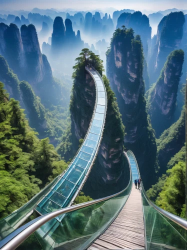 zhangjiajie,scenic bridge,huangshan mountains,dragon bridge,heaven gate,tigers nest,canopy walkway,futuristic landscape,hanging bridge,mountainous landscape,road of the impossible,valley of death,rainbow bridge,huangshan maofeng,guizhou,suspension bridge,mountain highway,great wall of china,vietnam,wonders of the world,Illustration,American Style,American Style 07