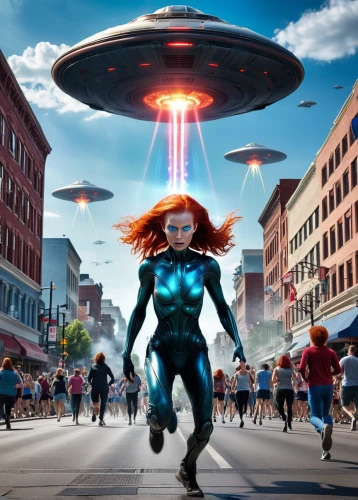 sci fiction illustration,alien invasion,valerian,digital compositing,starfire,abduction,ufo,science-fiction,sci fi,science fiction,extraterrestrial,marvels,cg artwork,female runner,captain marvel,imax,sci-fi,sci - fi,aurajoki,scifi