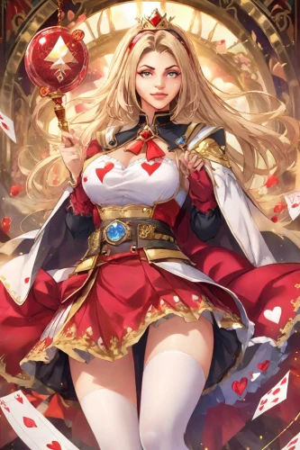 queen of hearts,goddess of justice,poker primrose,nero claudius,scarlet witch,wonderwoman,nero,heart with crown,balalaika,fantasy woman,minerva,star of the cape,red cape,zodiac sign libra,hong,caerula,red riding hood,dahlia,fantasia,star mother,Digital Art,Anime