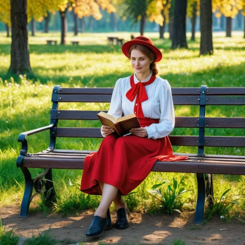 red bench,blonde woman reading a newspaper,mary poppins,park bench,girl in a historic way,man on a bench,woman sitting,girl with bread-and-butter,woman with ice-cream,woman drinking coffee,jane austen,man in red dress,woman holding pie,lady in red,women's novels,red russian,country dress,sound of music,red-hot polka,red hat,Photography,General,Realistic