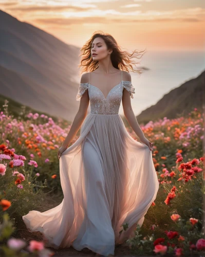girl in a long dress,celtic woman,girl in flowers,beautiful girl with flowers,scent of roses,flower girl,romantic look,romantic portrait,enchanting,way of the roses,flower in sunset,gracefulness,sun bride,passion bloom,splendor of flowers,girl on the dune,beauty in nature,flower fairy,field of flowers,with roses,Photography,General,Realistic