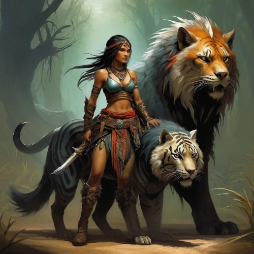 she feeds the lion,warrior woman,female warrior,lionesses,heroic fantasy,lioness,female lion,fantasy art,huntress,forest king lion,cat warrior,lone warrior,fantasy picture,panthera leo,fantasy warrior,two lion,druid,fantasy portrait,celtic queen,the wanderer,Illustration,Realistic Fantasy,Realistic Fantasy 16