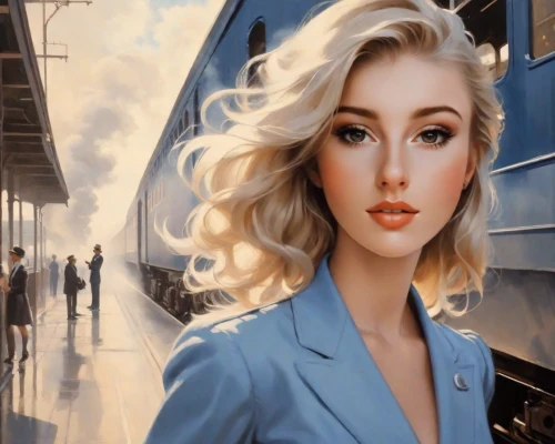 the girl at the station,blonde woman,oil painting on canvas,train,cigarette girl,oil painting,world digital painting,blonde girl,blond girl,the blonde in the river,marylyn monroe - female,darjeeling,retro woman,train of thought,electric train,the train,stewardess,art painting,blonde woman reading a newspaper,train ride