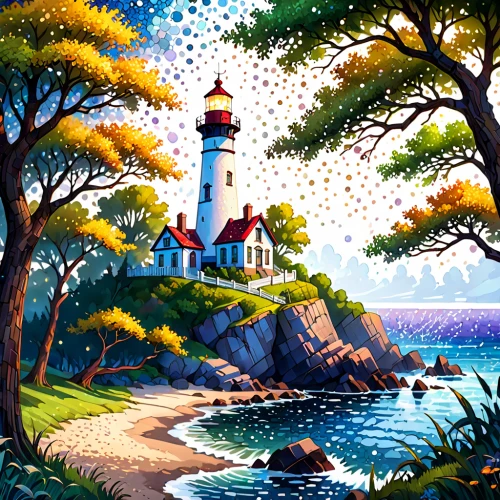 lighthouse,light house,electric lighthouse,coastal landscape,thimble islands,petit minou lighthouse,red lighthouse,sea landscape,crisp point lighthouse,motif,art painting,robert duncanson,an island far away landscape,glass painting,light station,church painting,beach landscape,seaside resort,landscape background,point lighthouse torch,Anime,Anime,Cartoon