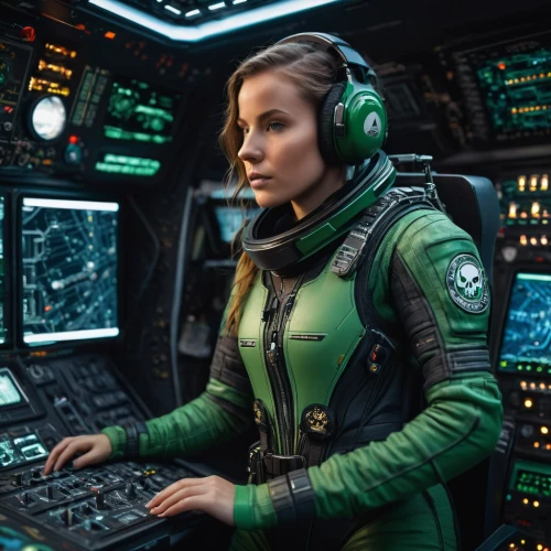 flight engineer,patrol,sci fi,captain marvel,green aurora,operator,sci - fi,sci-fi,drone operator,women in technology,green,lost in space,daisy jazz isobel ridley,headset,helicopter pilot,female doctor,in green,cockpit,passengers,pilot,Photography,General,Sci-Fi