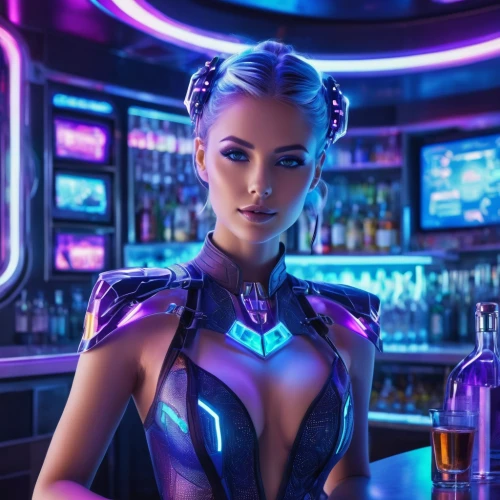 barmaid,bartender,symetra,unique bar,bar,neon drinks,neon light drinks,cocktail dress,saranka,neon cocktails,cocktail,liquor bar,nightclub,widowmaker,cosmopolitan,drinks,cocktails,cg artwork,cyberpunk,bacardi cocktail,Illustration,Realistic Fantasy,Realistic Fantasy 20