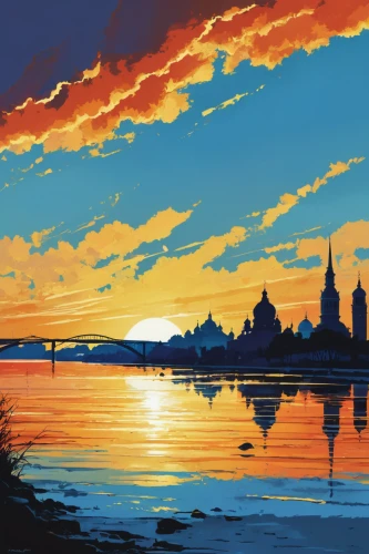 world digital painting,danube,ottawa,city skyline,quebec,coast sunset,sunset,skyline,volga,hudson river,saintpetersburg,landscape background,summer evening,digital painting,charles bridge,evening lake,panorama of helsinki,bled,rhine,riverside,Illustration,Black and White,Black and White 31