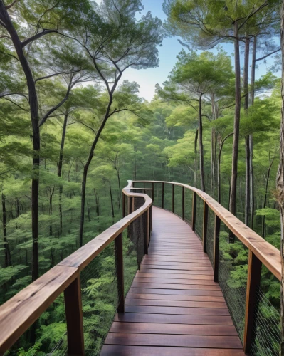 tree top path,wooden bridge,canopy walkway,tropical and subtropical coniferous forests,the chubu sangaku national park,bamboo forest,greenforest,pine forest,wooden path,hiking path,green forest,wooden decking,treetops,forest path,hanging bridge,temperate coniferous forest,walkway,coniferous forest,tree lined path,teak bridge,Illustration,Realistic Fantasy,Realistic Fantasy 41