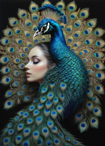 peacock,fairy peacock,blue peacock,peafowl,peacock eye,male peacock,peacock feathers,headdress,feather headdress,blue parrot,in the mother's plumage,the zodiac sign pisces,fantasy art,birds of the sea,plumage,blue bird,blue enchantress,shamanic,siren,queen of the night,Illustration,Realistic Fantasy,Realistic Fantasy 07