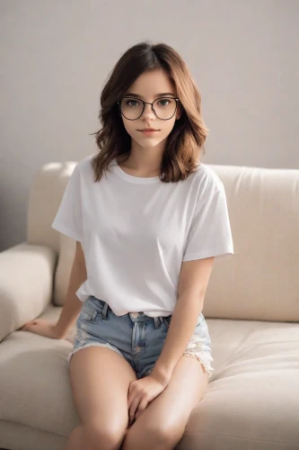 with glasses,eyeglasses,glasses,white shirt,girl in t-shirt,eye glasses,tshirt,silver framed glasses,cotton top,eyeglass,reading glasses,portrait background,specs,blur office background,tee,social,in a shirt,sofa,two glasses,spectacles,Photography,Natural