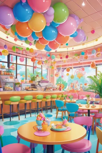 food court,colorful balloons,ice cream parlor,ice cream shop,retro diner,children's interior,fast food restaurant,rainbow color balloons,candy bar,corner balloons,delight island,beach restaurant,watercolor cafe,kawaii foods,neon ice cream,party decoration,neon candies,party decorations,teacups,ball pit,Illustration,Japanese style,Japanese Style 03