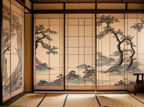 japanese-style room,ryokan,japanese art,bamboo curtain,oriental painting,chinese screen,cool woodblock images,tatami,japan's three great night views,japanese architecture,junshan yinzhen,japanese patterns,stage curtain,japanese-style,tea ceremony,silk tree,the japanese tree,theatrical scenery,japanese culture,japanese background,Illustration,Black and White,Black and White 07
