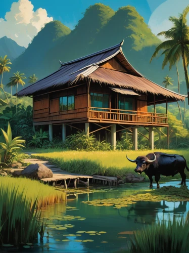tropical house,floating huts,house by the water,backwaters,home landscape,idyllic,house with lake,stilt house,summer cottage,backwater,landscape background,ricefield,rice paddies,world digital painting,rice fields,asian architecture,stilt houses,fishing village,tropical island,polynesia,Conceptual Art,Oil color,Oil Color 04
