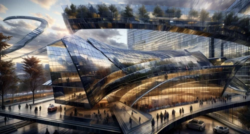 futuristic architecture,futuristic art museum,transport hub,futuristic landscape,sky train,hudson yards,virtual landscape,elevated railway,urban development,urban design,urban landscape,calatrava,city scape,glass facade,skytrain,santiago calatrava,smart city,hafencity,solar cell base,glass facades