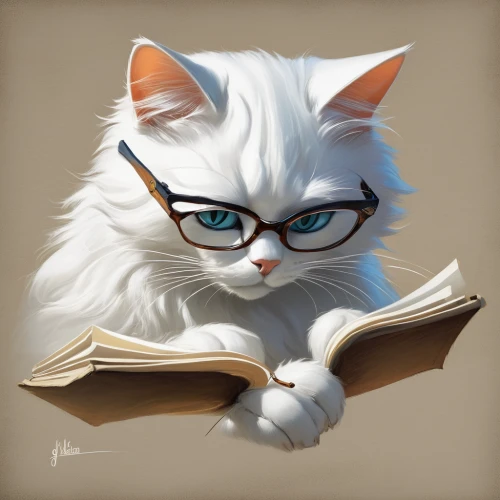 reading glasses,librarian,bookworm,birman,white cat,scholar,reading owl,book glasses,cartoon cat,cat cartoon,drawing cat,author,fluffy diary,cat portrait,tutor,reading,reader,turkish van,cat image,read a book,Illustration,Black and White,Black and White 08