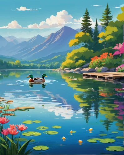 landscape background,beautiful lake,river landscape,canoeing,boat landscape,mountainlake,floating over lake,beautiful landscape,mountain lake,alpine lake,heaven lake,world digital painting,nature landscape,lily pond,idyllic,lakeside,japan landscape,spring lake,springtime background,lotuses,Illustration,Japanese style,Japanese Style 06