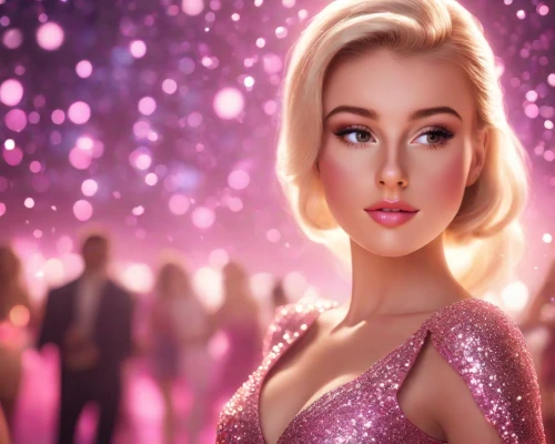 barbie doll,barbie,doll's facial features,glittering,visual effect lighting,3d fantasy,sparkle,background bokeh,pink lady,bokeh effect,pink glitter,3d background,elsa,dazzling,pink beauty,queen of the night,movie star,digital compositing,fashion dolls,glamor,Photography,Commercial