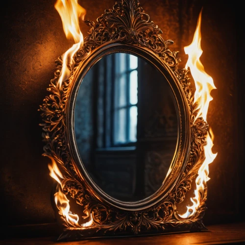 fire screen,mirror frame,wood mirror,makeup mirror,magic mirror,fire background,the mirror,decorative frame,door to hell,fire ring,fire heart,fire-eater,exterior mirror,the conflagration,mirror of souls,fireplaces,outside mirror,mirror reflection,sconce,circle shape frame,Photography,General,Fantasy