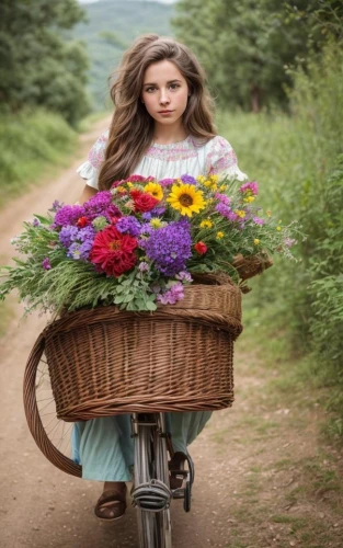 flowers in basket,floral bike,beautiful girl with flowers,woman bicycle,girl in flowers,flower cart,basket with flowers,flower basket,flowers in wheel barrel,flower delivery,bicycle basket,girl in a wreath,girl picking flowers,with a bouquet of flowers,flower girl basket,girl with a wheel,flower arranging,picking flowers,bicycle ride,flower girl,Common,Common,Photography