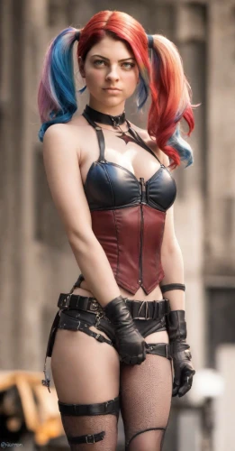 harley quinn,harley,super heroine,raggedy ann,retro woman,fantasy woman,cosplay image,hard woman,rockabella,neo-burlesque,rubber doll,toni,plastic model,red hood,hard candy,transsexual,cable,barb wire,cosplayer,barmaid