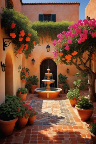 bougainvilleas,bougainvillea,courtyard,decorative fountains,spanish tile,riad,patio,landscape lighting,bougainvillea azalea,terracotta tiles,spa water fountain,hacienda,splendor of flowers,marrakesh,morocco,terracotta flower pot,landscaping,home landscape,flower pots,clay tile,Illustration,American Style,American Style 09