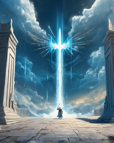 the pillar of light,heaven gate,games of light,hall of the fallen,king sword,temple fade,god of thunder,light bearer,justitia,pillar of fire,the archangel,cg artwork,arc,heroic fantasy,portal,electric arc,fantasy picture,summoner,excalibur,concept art,Conceptual Art,Fantasy,Fantasy 02