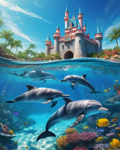 dolphinarium,dolphin background,oceanic dolphins,underwater oasis,underwater landscape,dolphins in water,underwater playground,underwater world,aquatic animals,underwater background,dolphins,dolphin show,ocean paradise,dolphin school,dolphin coast,aquarium,mermaid background,sea mammals,cetacea,delfin,Conceptual Art,Fantasy,Fantasy 32