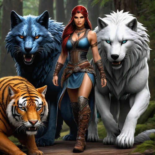 lionesses,fantasy picture,fantasy art,female warrior,warrior woman,heroic fantasy,protectors,huntress,fantasy woman,she feeds the lion,strong women,wolves,world digital painting,animals hunting,wolf pack,woodland animals,wild animals,massively multiplayer online role-playing game,big cats,red riding hood,Conceptual Art,Fantasy,Fantasy 30