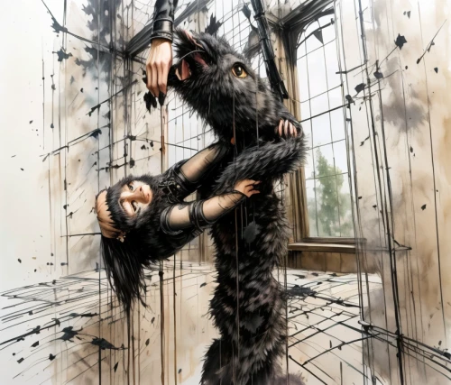 prisoner,sōjutsu,captivity,arbitrary confinement,marionette,hanged man,emancipation,capuchin,chimpanzee,escaping,bind,siamang,shattered,chainlink,trapped,sci fiction illustration,primates,prison,splintered,frayed