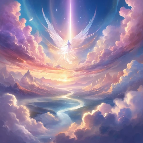 the pillar of light,celestial,heavenly ladder,angel wing,heaven gate,sunburst background,fantasy landscape,celestial event,celestial phenomenon,god rays,unicorn background,fantasy picture,firmament,angelology,light bearer,angel wings,sky,beam of light,astral traveler,fantasy art,Illustration,Realistic Fantasy,Realistic Fantasy 01