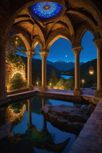 spa water fountain,landscape lighting,pool house,floor fountain,spa,stone fountain,decorative fountains,wishing well,underwater oasis,fairy tale castle,thermal bath,fairytale castle,arches,water castle,hobbiton,reflecting pool,wine cellar,luxury bathroom,dolphin fountain,tuscany,Illustration,Children,Children 06