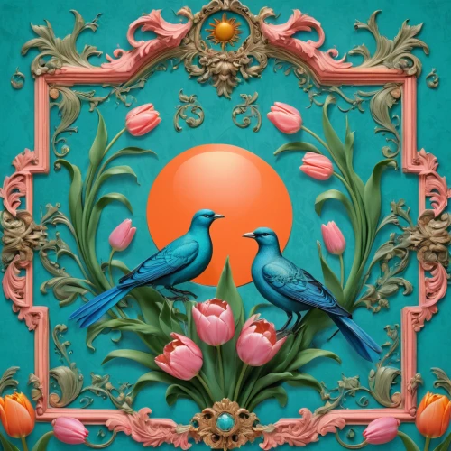 flower and bird illustration,floral and bird frame,teal and orange,blue birds and blossom,tropical birds,tulip background,bird painting,easter background,spring bird,springtime background,bird illustration,spring background,teal digital background,colorful birds,peacocks carnation,ornamental bird,tropical bird,flamingo,tropical floral background,bird kingdom,Conceptual Art,Fantasy,Fantasy 22