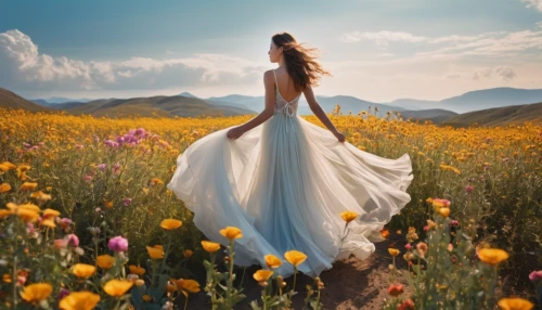 girl in a long dress,field of flowers,girl in flowers,flower girl,girl in a long dress from the back,beautiful girl with flowers,wedding dresses,splendor of flowers,flowering meadow,flower field,meadow flowers,blooming field,meadow daisy,flower meadow,girl walking away,flowers field,woman walking,meadow,flower background,country dress,Photography,General,Realistic